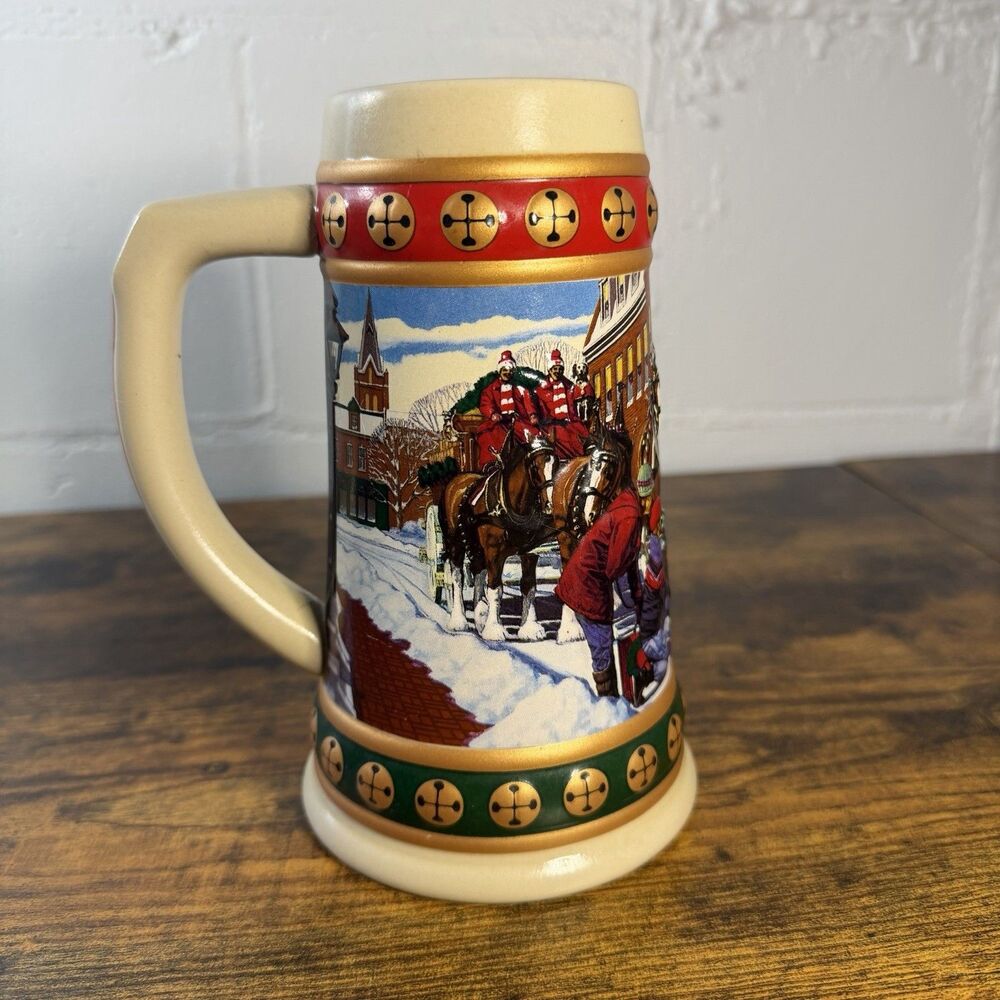 1993 Anheuser Busch Budweiser Hometown Holidays Christmas Beer Stein Clydesdales